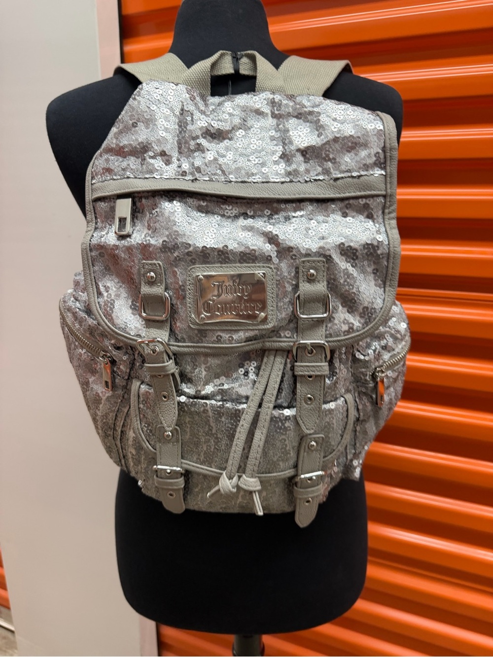 NWT Juicy Couture Silver Sequin Backpack with Buckle Details
